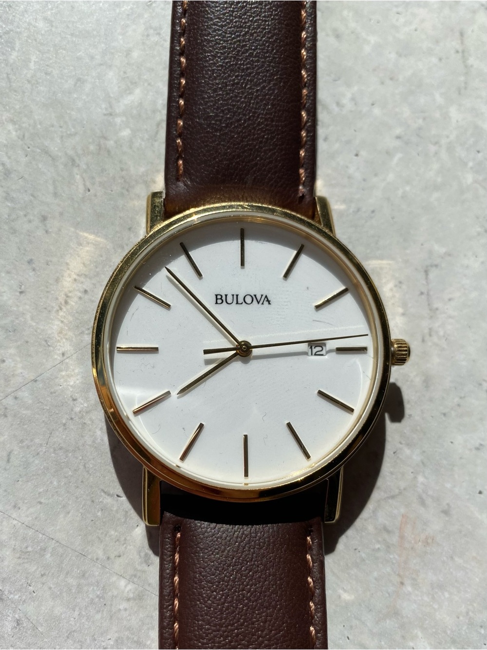 Bulova Gold-Tone Case White Dial Watch with Brown Leather Strap